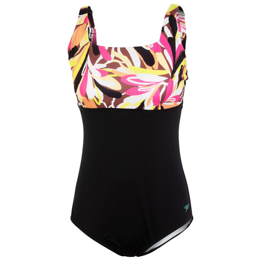 Speedo Women's Print Blocked Square Neck 1 Piece Swimsuit