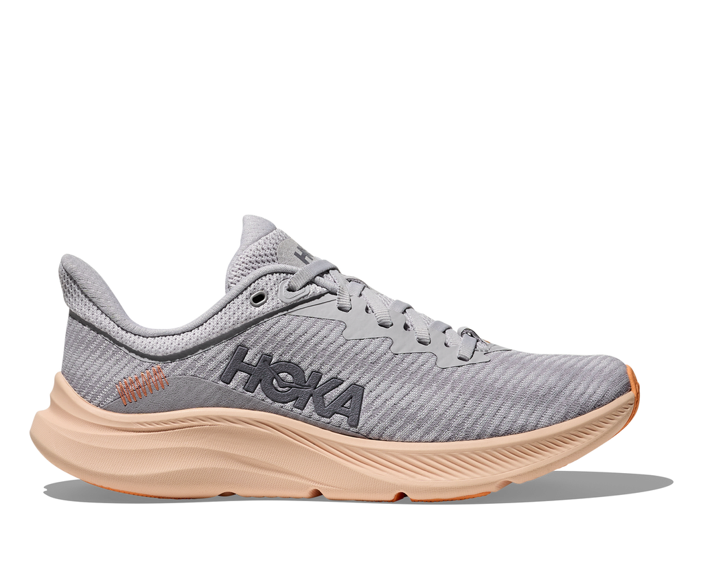 Gray running shoe with 'Hoka' branding on a white background