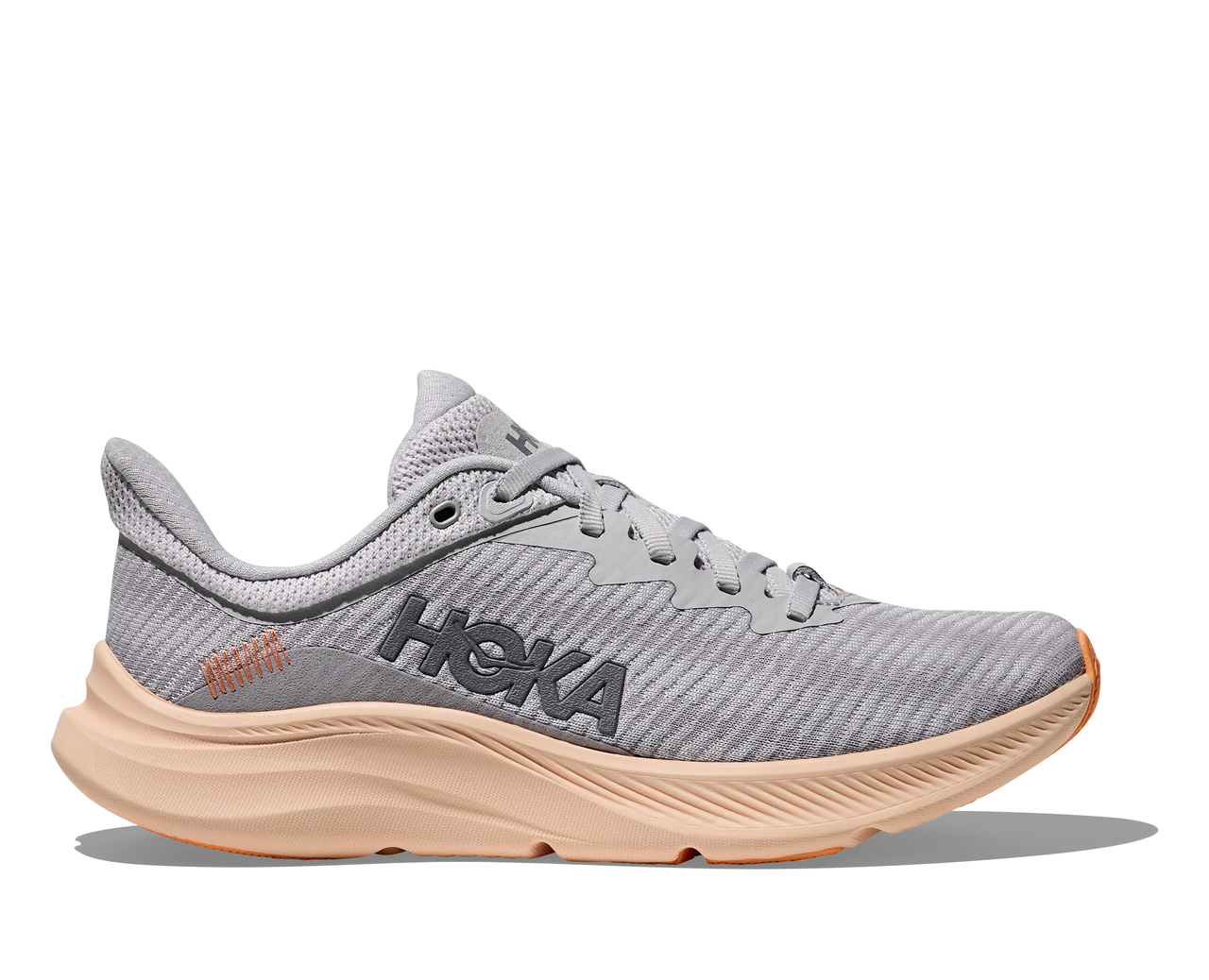 Gray running shoe with 'Hoka' branding on a white background